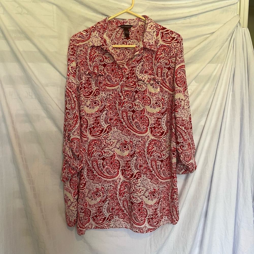 Bit‎ & Bridle Red White Paisley Roll Tab Sleeve Tunic Blouse Top 1X Rayon